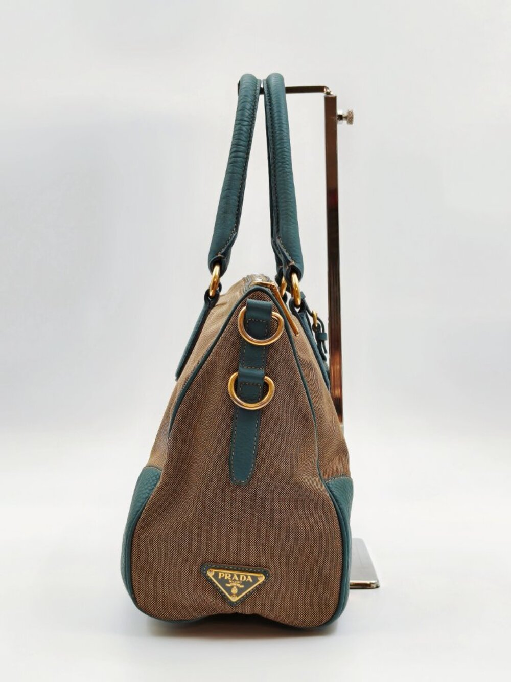Prada Canapa Canvas Leather Boston Satchel Shoulder Bag Gray Blue - Picture 3 of 16